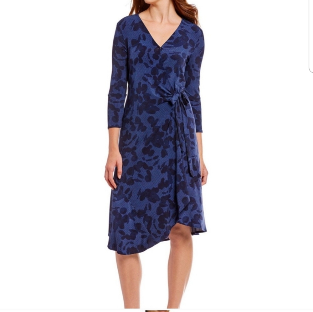 H by Halston Blue Print 3/4th sleeve Wrap Dress